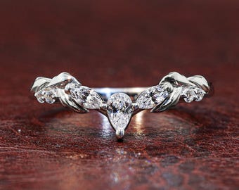 Custom Marquise, Pear And Round Cut Lab Grown Diamond Curved Engagement Ring, Minimalist Stackable Bridal Ring, Anniversary Gift for Her
