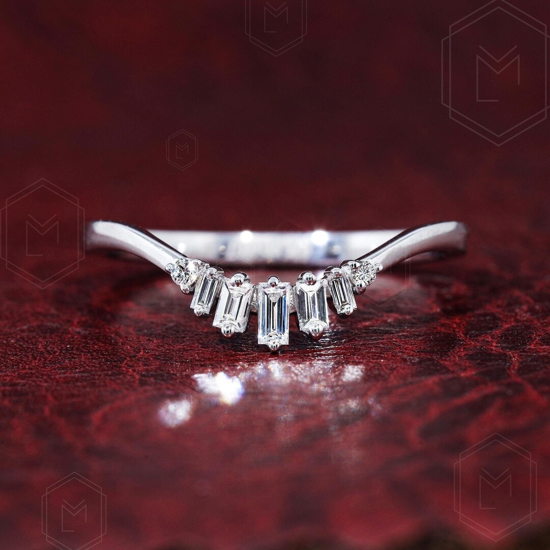 Art Deco Baguette Cut Lab Grown Wedding Band 14K Solid Gold Lab Created ...