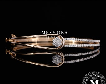 14K Rose solid Gold Bangle Lab grown diamond bracelet Thick bangle Micro Pave Diamond Bangle flower shape bangle gift for her