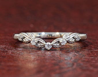 Unique Filigree Round Cut Lab Grown Diamond, Nature Inspired Curved Wedding Band, Leaf Matching Ring Stacking Band Anniversary Gift for Wife