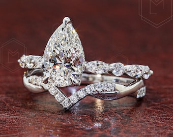 1.5 CT Pear Cut Lab Grown Diamond Engagement Ring, Vintage Marquise Accent Ring, Nature Inspired Bridal Ring, Pear Diamond Ring Gift