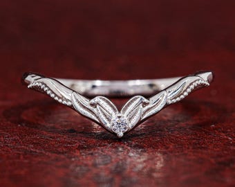 Nature Inspired Curved Wedding Band Lab Grown Diamond Vintage Style Engagement Ring Promise Ring Bridal Jewelry Anniversary Gift for Her