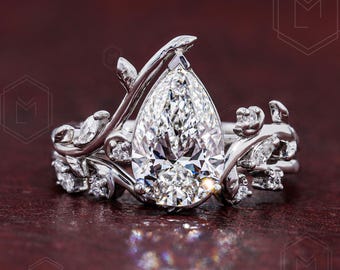2 CT Pear Cut Lab Grown Diamond Engagement Ring, Pear Cluster Diamond Ring, Marquise Accent Ring, Anniversary Gift, IGI Available