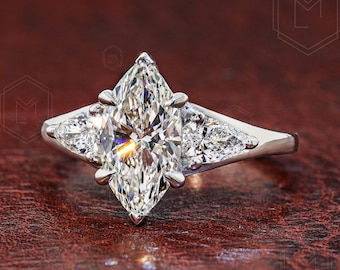 Marquise Lab Grown Diamond Engagement Ring 1.50 CT Pear Side Stone Ring Unique Bridal Ring Wedding Ring Gift For Her