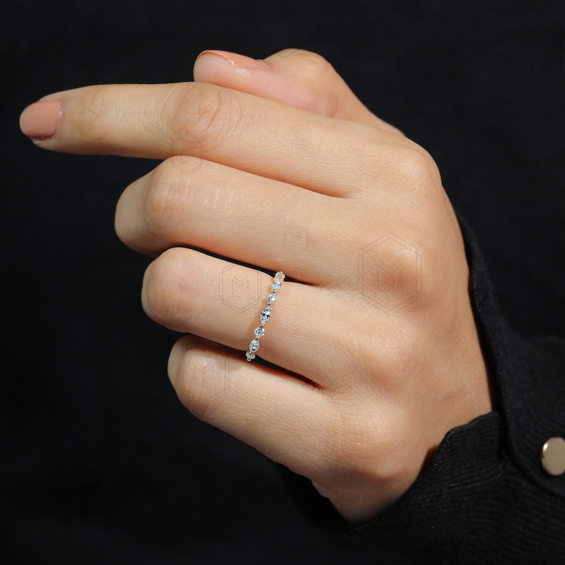 Stackable lab grown half eternity ring with marquise and round cut stones, perfect for everyday wear