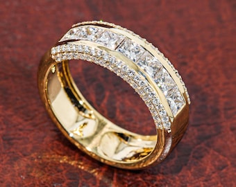Princess Cut Lab Grown Diamond Wedding Band, 14k Yellow Gold Channel Set Ring, Pave Anniversary Band, Man Jewelry,Stackable Eternity Ring