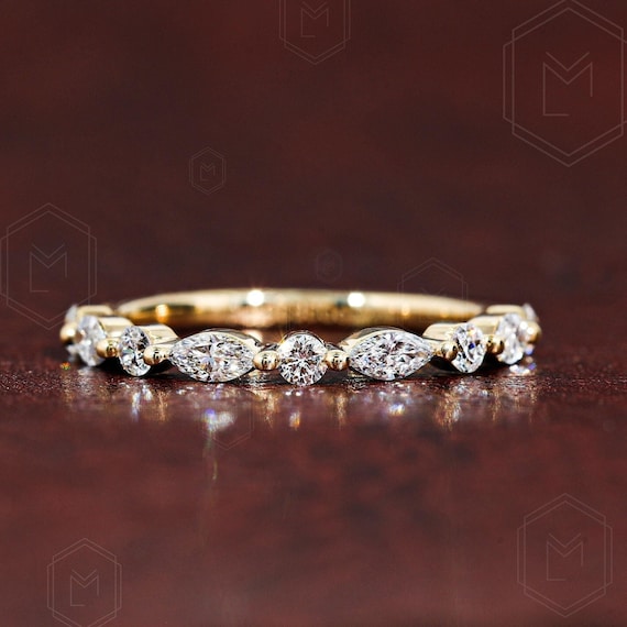 Alternating Lab Grown Band 2 MM Marquise and Round Cut Lab Grown Wedding Band Half Eternity Band Stackable Band Shared Prong Wedding Band