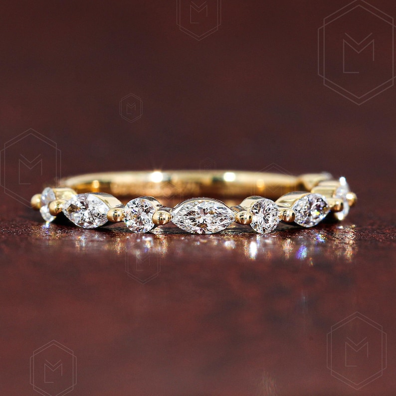 Lab grown 2mm marquise and round cut half eternity wedding band in a delicate stackable design