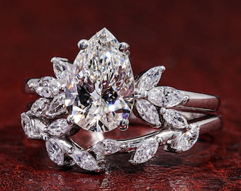1.5 CT Pear Lab Grown Diamond Engagement Ring, Pear Cut Diamond Ring, Marquise Side Stone Ring, Unique Bridal Ring, Anniversary Gift for Her