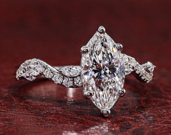 1.5 CT Marquise Lab Grown Diamond Engagement Ring, Nature Inspired Floral Wedding Ring, Unique Bridal Ring Gift