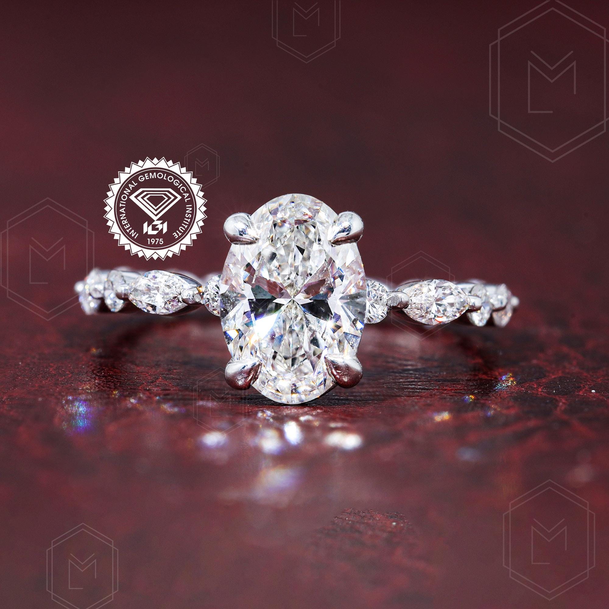 0.5 TO 3.0 CT Certified Lab Grown Oval Cut Diamond Engagement Ring Side Round & Marquise Diamond Yellow Gold Ring Anniversary Gift Ring