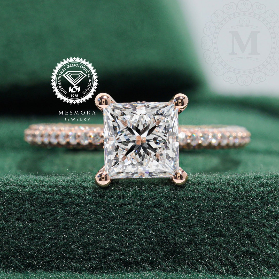 CT Princess Cut Lab Grown Diamond Engagement Ring Pave Wedding