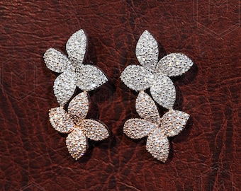 Elegant Flower Leaf Pave Earrings with Simulated Diamonds, Customizable Materials, Bridal Statement Earrings,Luxury Wedding Jewelry Gift