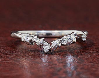 Nature Inspired Round Cut Lab Grown Diamond, Leaf Bridal Stackable Ring, Vintage Curved Wedding Band Leaf Diamond Ring Birthday Gift for Her