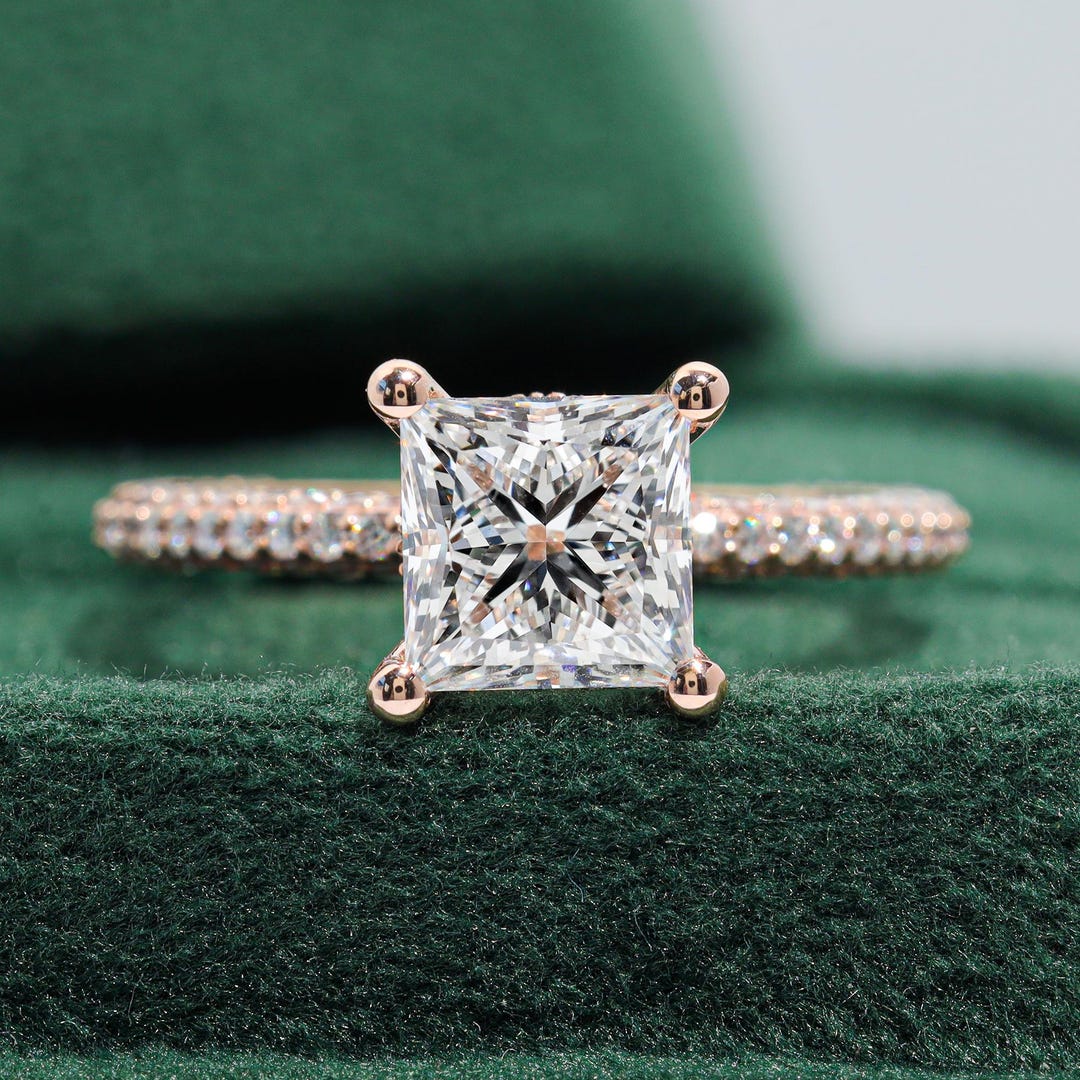 2 CT Princess Cut Lab Grown Diamond Engagement Ring, Pave Double Halo ...