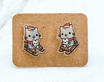 Sledding Cats - Cute Stud Earrings