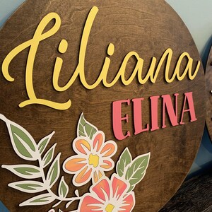 Wooden Name Display Custom Nursery Sign Personalized Baby Gift Floral Design Artwork Handpainted Details Birch Wood Construction Beautiful Wall Decoration Special Keepsake Present Baby Shower Gift Unique Handmade Creation Perfect Room