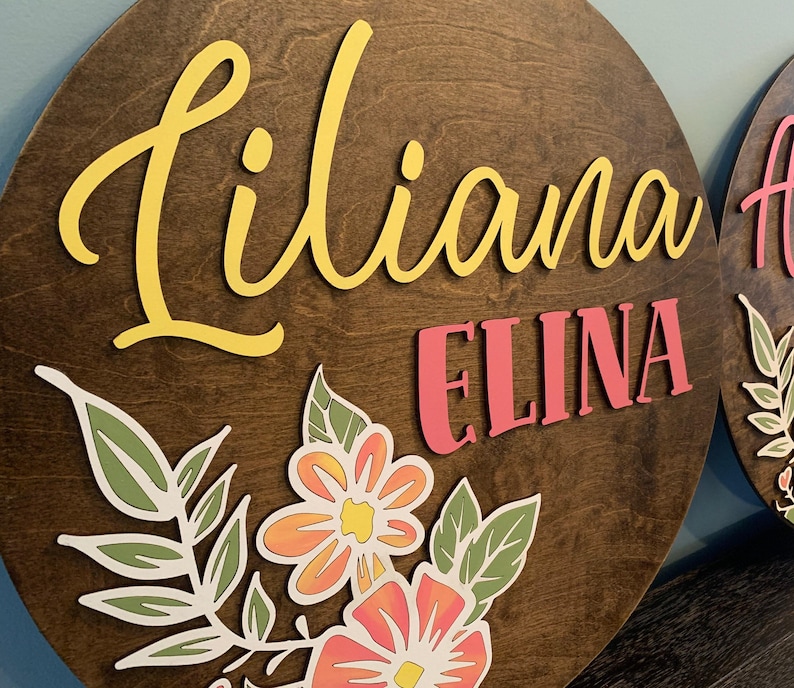 Wooden Name Display Custom Nursery Sign Personalized Baby Gift Floral Design Artwork Handpainted Details Birch Wood Construction Beautiful Wall Decoration Special Keepsake Present Baby Shower Gift Unique Handmade Creation Perfect Room