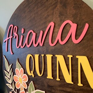 Handmade Nursery Art Custom Baby Name Sign Wooden Personalized Display Floral Design Details Birch Wood Construction Beautiful Wall Decoration Baby Room Artwork Unique Handpainted Creation Special Keepsake Gift Baby Shower Present Perfect