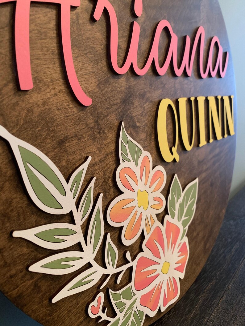 Custom Nursery Sign Baby Name Gift Ideas Decor Wooden Personalized Shower Birch Wood Floral Design Handpainted Art Girl Decoration Handmade image 8