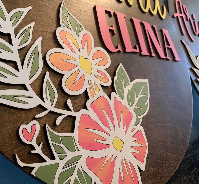 Custom Nursery Sign Baby Name Gift Ideas Decor Wooden Personalized Shower Birch Wood Floral Design Handpainted Art Girl Decoration Handmade image 7