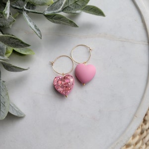 Pink Heart Glitter Hoop Earrings - Handmade Polymer Clay Jewelry, Love Gift