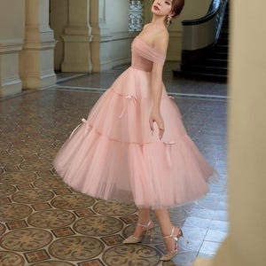 Romantic Tulle Midi Gown , Off Shoulder Blush Pink Party Dress , Special Occasion Wear , Evening Dress , Bridesmaid Dress