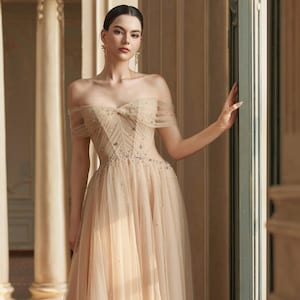 Champagne Tulle Evening Gown: Beaded Corset, Off-Shoulder A-Line Dress