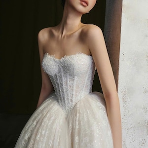 Puede incluir: Un vestido de novia blanco sin tirantes con un corpi&ntilde;o con cuentas y una falda completa y en capas. El vestido presenta intrincados detalles de encaje y un escote coraz&oacute;n. El vestido est&aacute; dise&ntilde;ado para un evento formal.