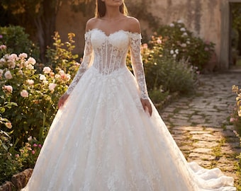 Ivory Lace Off-Shoulder Long Sleeve Ball Gown Wedding Dress Sweetheart Corset Princess Bridal Gown