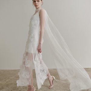 Romantic 3D Floral Wedding Gown , Minimalist Sheer Overlay Dress with Delicate Train , Wedding Dress , Limited edition