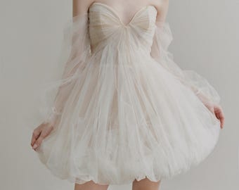 Puffy Tulle Mini Wedding Dress | Off Shoulder Corset with Long Sleeves