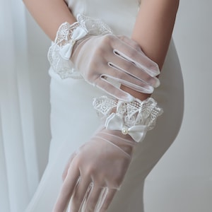 Lace Bow Bridal Gloves: Sheer Tulle Wedding Accessory