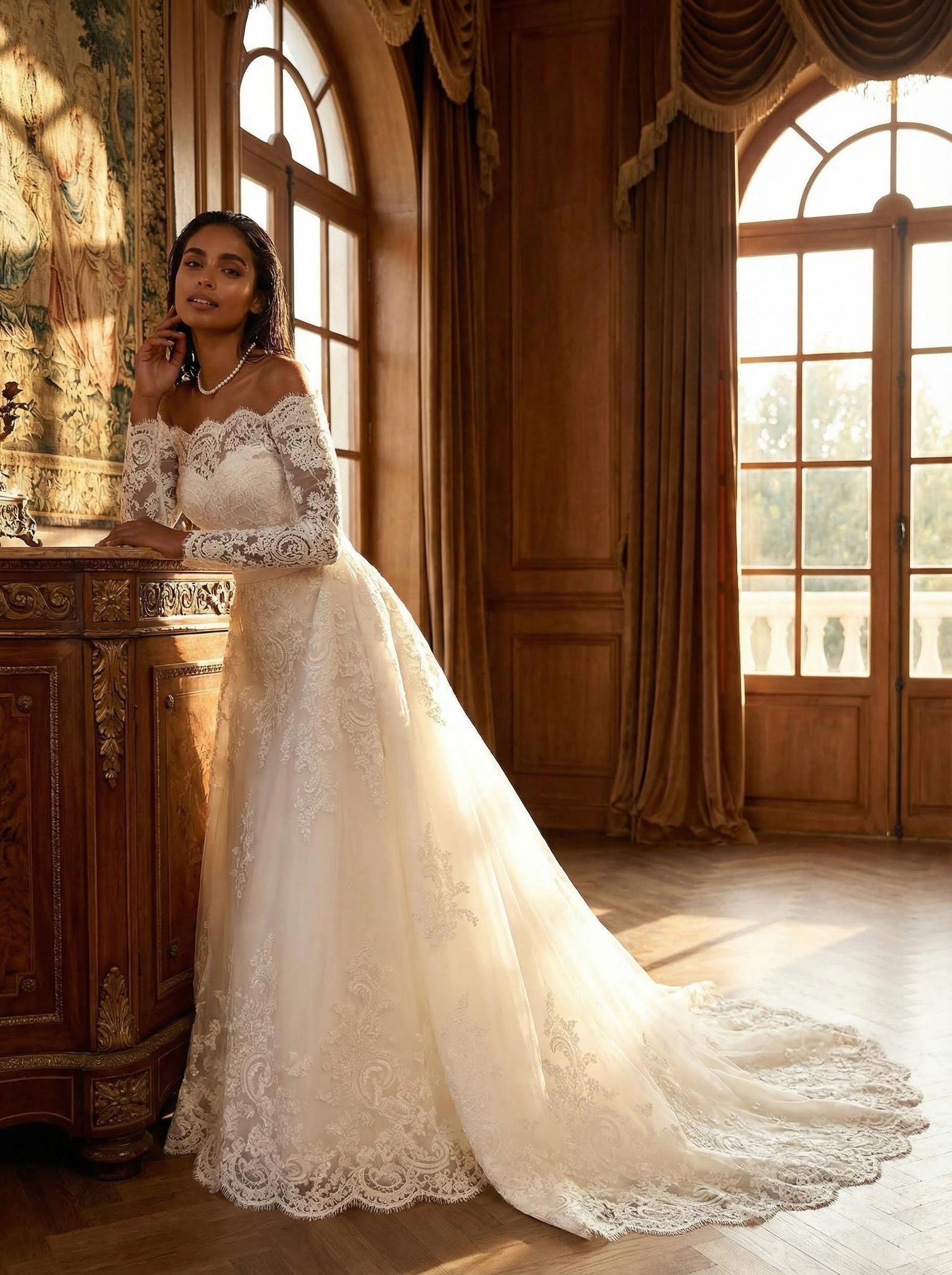 A-line Wedding Gown | off Shoulder Lace Sleeves | Romantic Bride ...