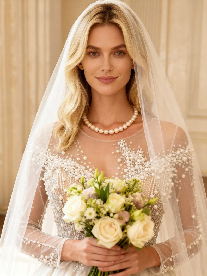 Pearl Beaded Wedding Dress Long Sleeve Sheer Illusion Bridal Gown — free download