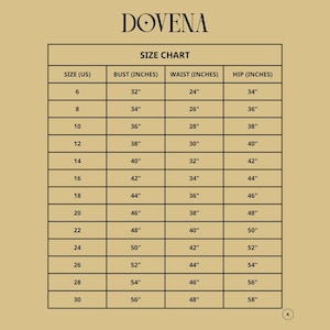 May include: A tan size chart for DOVENA featuring columns for US size, bust, waist, and hip measurements in inches. The table lists sizes from 6 to 30 with corresponding measurements, providing a clear reference for garment sizing and fit.