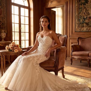 May include: A strapless ivory wedding dress featuring a sweetheart neckline and a fitted bodice with intricate white lace embroidery. The skirt flares into a full, floor-length silhouette with a layered tulle train adorned with matching lace details.