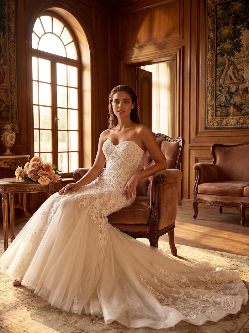May include: A strapless ivory wedding dress featuring a sweetheart neckline and a fitted bodice with intricate white lace embroidery. The skirt flares into a full, floor-length silhouette with a layered tulle train adorned with matching lace details.