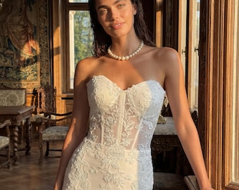 French Chantilly Lace Gown | Sexy Elegant Custom Couture | Destination Wedding Attire