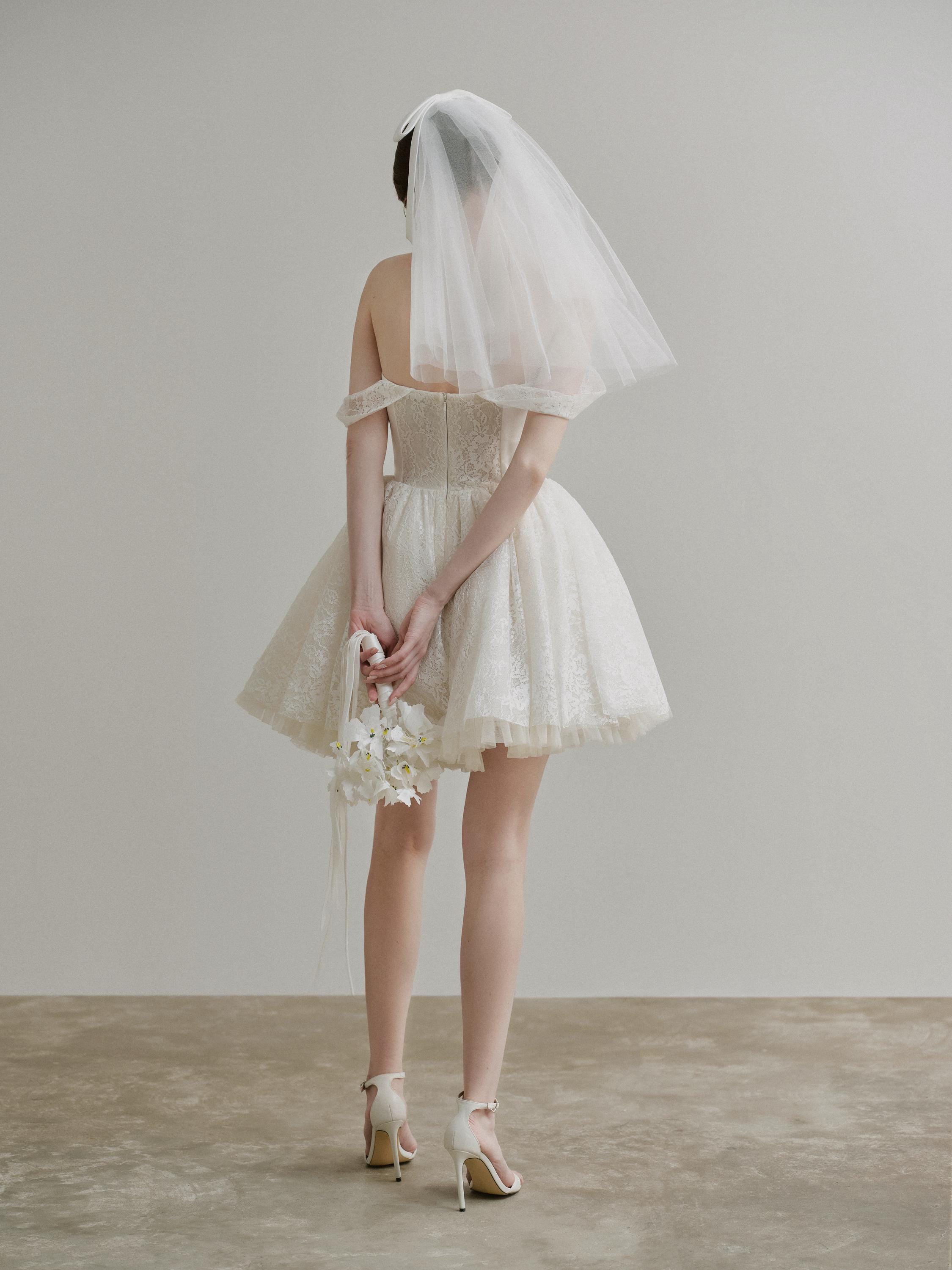 off shoulder tulle skirt mini dress in ivory Off-Shoulder Short Poofy Prom Dress With Sheer Corset Blush / XLarge