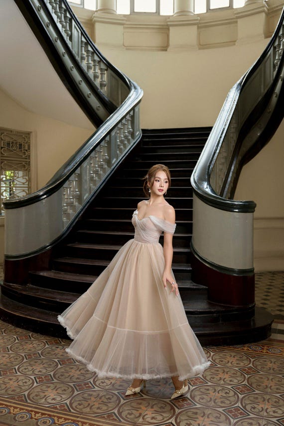 Off Shoulder Tulle Midi Dress, Romantic Corset Party Gown - Etsy