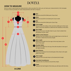 May include: An instructional diagram on a tan background titled DOVENA HOW TO MEASURE. It features a light grey A-line dress silhouette with numbered red circles indicating measurement points for bust, waist, hips, length, and shoulder width.