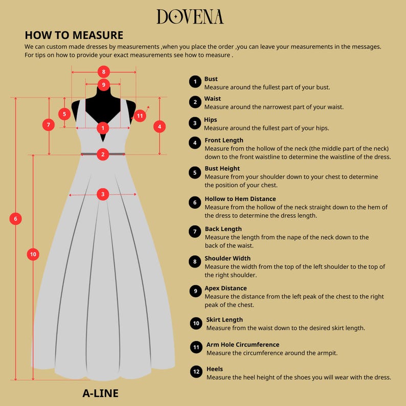 May include: An instructional diagram on a tan background titled DOVENA HOW TO MEASURE. It features a light grey A-line dress silhouette with numbered red circles indicating measurement points for bust, waist, hips, length, and shoulder width.