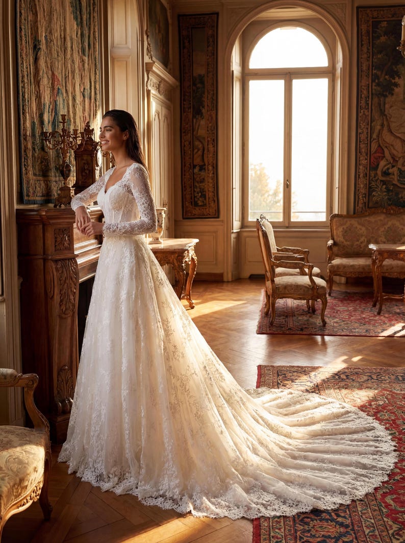 May include: A floor-length white wedding dress featuring long lace sleeves, a V-neckline, and a fitted bodice that transitions into a full, flowing skirt with an extended train. The entire garment is covered in intricate floral lace detailing.