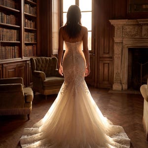May include: A strapless floor-length wedding dress with a fitted bodice and a flared mermaid skirt. The gown features intricate white lace detailing throughout the bodice and hemline, with a corset-style lace-up back closure and a long train.