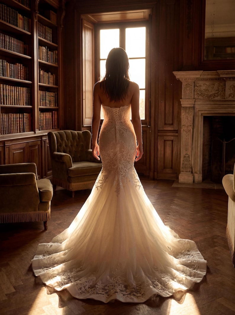 May include: A strapless floor-length wedding dress with a fitted bodice and a flared mermaid skirt. The gown features intricate white lace detailing throughout the bodice and hemline, with a corset-style lace-up back closure and a long train.