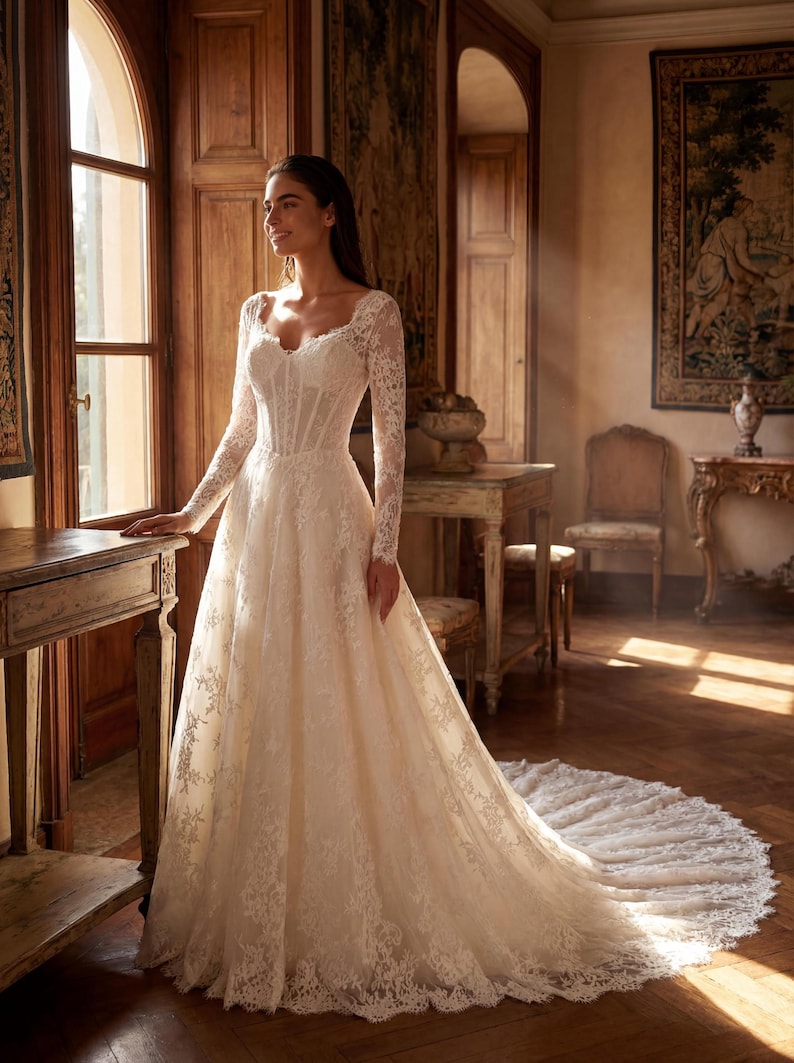 May include: A floor-length ivory lace gown featuring long sleeves, a sweetheart neckline, and a structured corset-style bodice. The dress has a full skirt with intricate floral lace detailing and a sweeping train that extends across the floor.