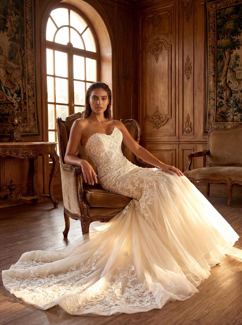 May include: A strapless ivory wedding dress featuring a sweetheart neckline and a fitted bodice covered in intricate white lace embroidery. The skirt transitions into a voluminous tulle train with matching lace appliqu&eacute;s along the hemline.