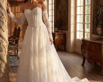 Ivory Lace A-Line Wedding Dress – Strapless Corset Bodice, Chapel Train