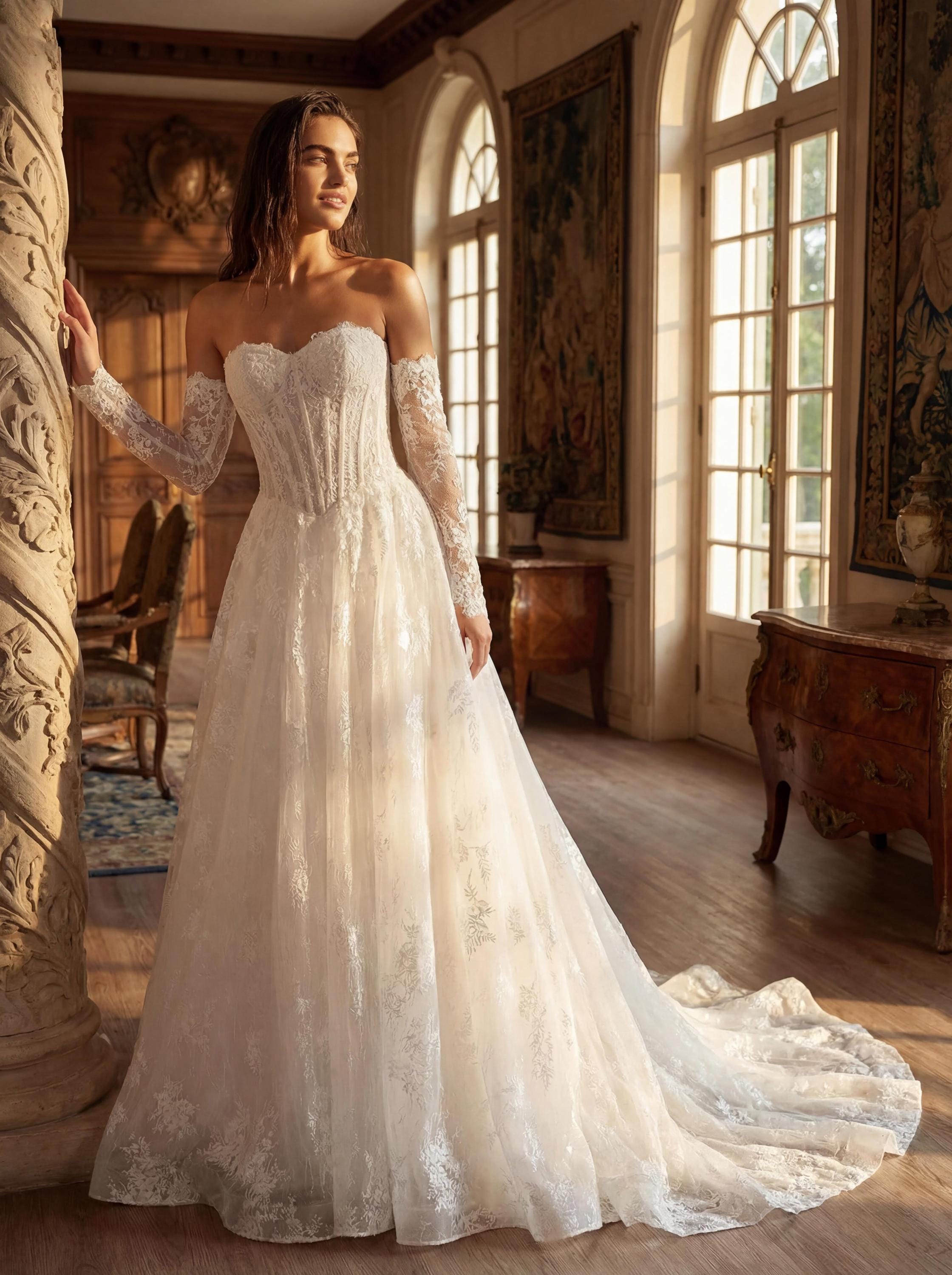 Ivory Lace A-line Wedding Dress – Strapless Corset Bodice, Chapel Train ...